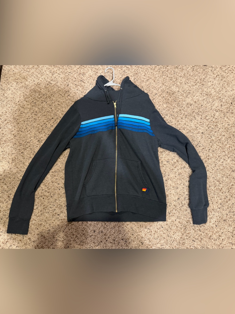 Aviator Nation Charcoal Zip Hoodie with Blue Stripe Accents